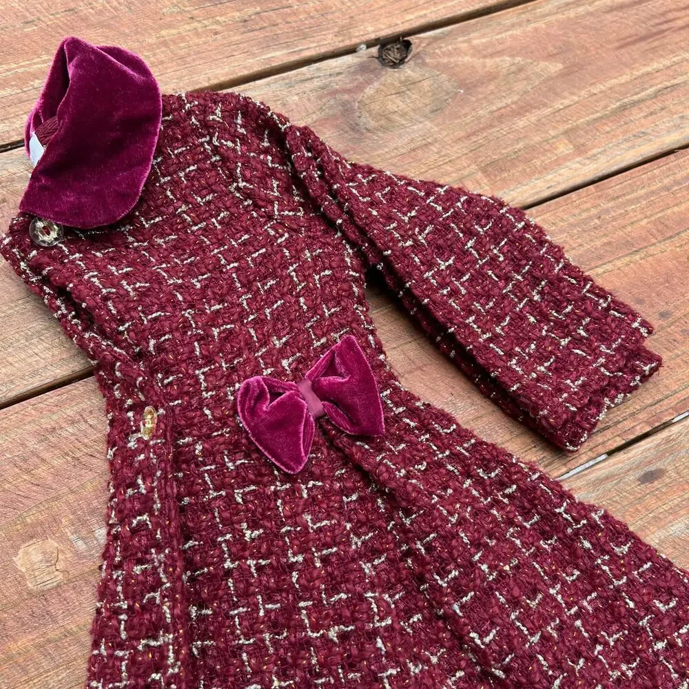 Toddler Princess Dress Coat 24M Burgundy Tweed Velvet Bow Holiday Winter Coat